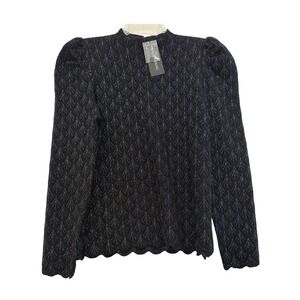 Nancy‎ Yang New York Black Silver Metallic Puff Shoulder Mock Neck Top Large NWT